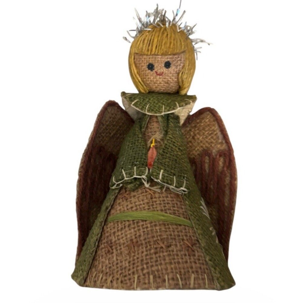 VTG Burlap Angel Tree Topper Taiwan 70s Christmas Rustic 8Inch Jute Cottagecore